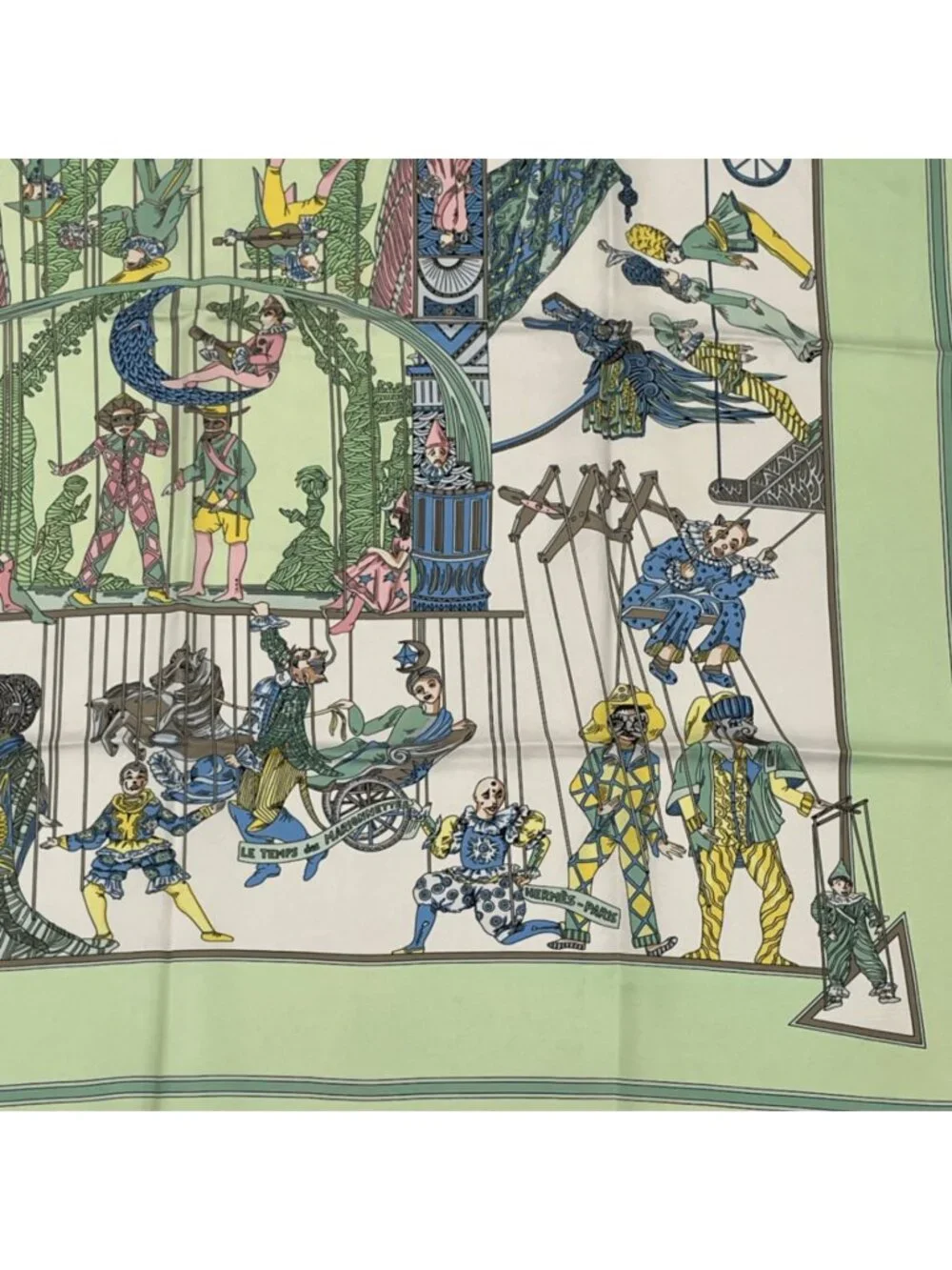 Hermes Carre 90 le Temps Des Marionnettes Marionette Time Silk Scarf Green - Picture 5 of 7